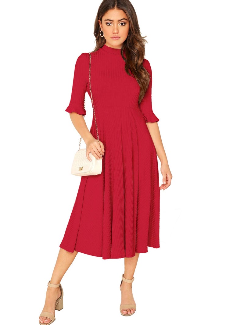 Verdusa Women's Ruffle Half Sleeve A Line Fall Dresses Elegant Fit and Flare Midi Dress Red Solid Small - Image 5